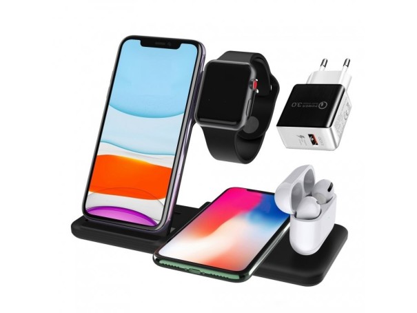 Cargador inalámbrico con adaptador de corriente Quick Charge negro