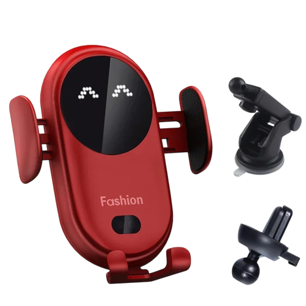 Cargador inalámbrico rápido de 30 W para coche con sensor de infrarrojos, sujeción automática, ventosa y clip, QC3.0, soporte giratorio, Micro USB en el set. rojo