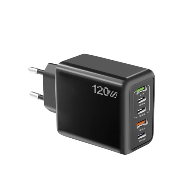 Cargador rápido de 120 W, 5 puertos, 3 USB C, 2 USB A, adaptador, enchufe UE, cargador USB para varios dispositivos, carga rápida de alta potencia. negro