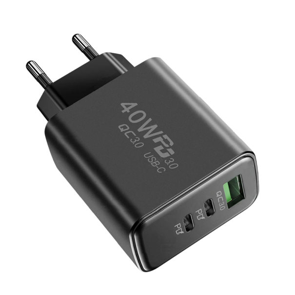 Cargador rápido de 40 W con 3 puertos 2x USB C y USB A PD con enchufe UE Adaptador de corriente QC 3.0 Carga rápida para teléfonos tabletas portátiles negro