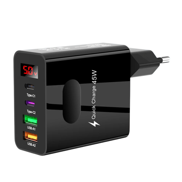 Cargador rápido de 45 W, 2 puertos USB C y 2 puertos USB A con adaptador de enchufe UE y pantalla digital PD QC 3.0, cargador de viaje de 4 puertos para teléfono y tableta. negro
