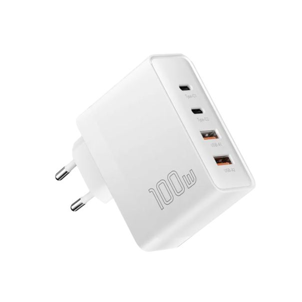 Cargador rápido GaN de 100 W con 4 puertos (2 USB C y 2 USB A), adaptador de corriente de viaje PD QC 4.0 3.0 con enchufe europeo para varios dispositivos. blanco