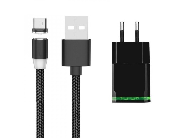 Cargador USB dual con cable micro USB magnético negro