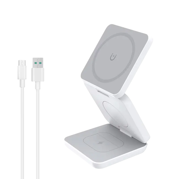 Caricabatterie wireless 3in1 stazione magnetica pieghevole 15W caricabatterie rapido cavo USB A a USB C per la ricarica di telefoni, orologi e cuffie bianco