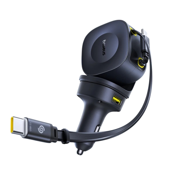 Caricatore da auto 100W rapida ricarica 4 porte doppio cavo USB-C avvolgente nero 450° rotante per telefono tablet notebook 1