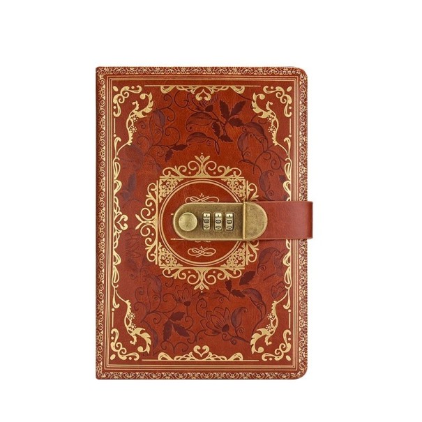 Carnet A5 avec serrure à code en métal 220x150 mm Agenda coloré avec ornements Bloc-notes en relief avec protection de la vie privée marron
