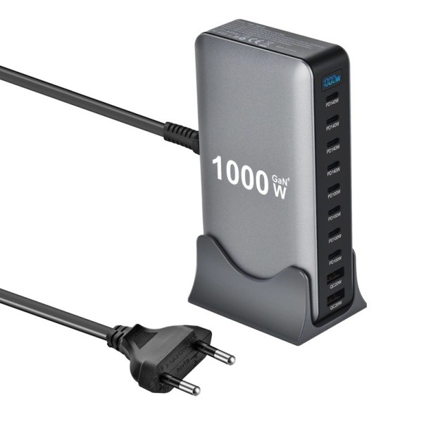 Carregador GaN 1000W 131 x 73 x 31 mm 10 portas de mesa PD 140W USB-C e USB-A Estação de carregamento rápido multiportas para MacBook Pro notebooks telemóveis tablets 1
