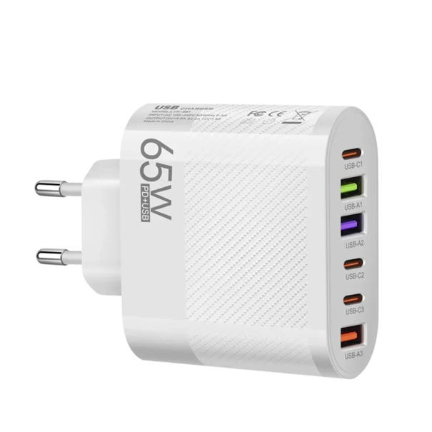 Carregador Rápido 65W 6 em 1 com ficha EU 3x USB C e 3x USB A adaptador de carregamento PD e QC3.0 para telemóveis 5V 3.1A carregador de rede 100–240V branco