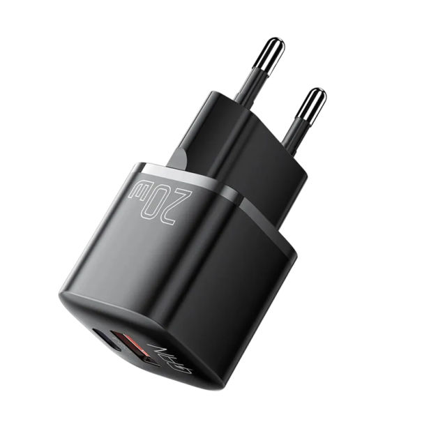 Carregador rápido adaptador 20W GaN USB C e USB A carregador de dois portos PD QC 3.0 ficha EU carregamento rápido compatível 100–240V 5V 3A preto