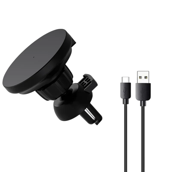 Carregador sem fios magnético para carro 30W com suporte e cabo USB A para USB C 1 m carregamento rápido íman forte articulação 360° suporte para telemóvel preto