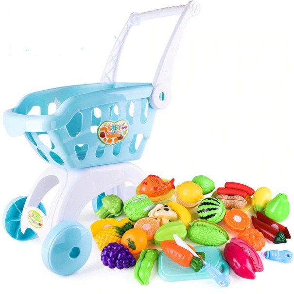 Carrello della spesa per bambini con alimenti 28 pz azzurro
