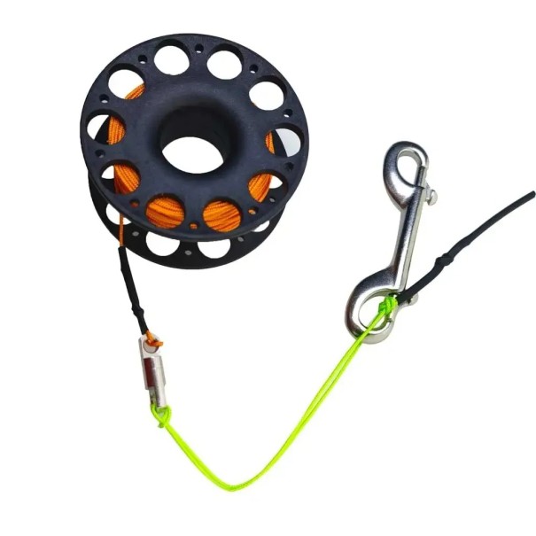Carrete de buceo de 30 m con mosquetón de acero inoxidable, carrete Finger con cuerda para buceo técnico, boya SMB, equipo de buceo negro