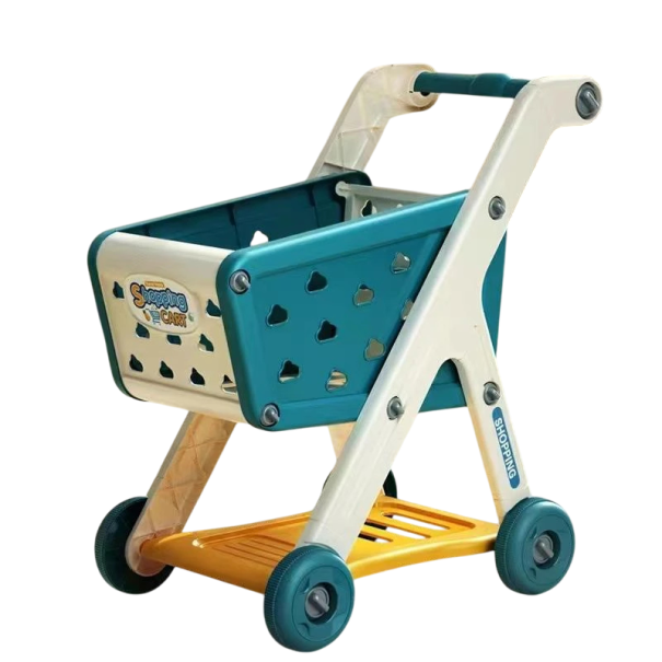 Carrinho de compras infantil 48 x 42 x 28 cm Carrinho de plástico com opção de cesto azul ou vermelho Cesto com recortes em forma de coração azul