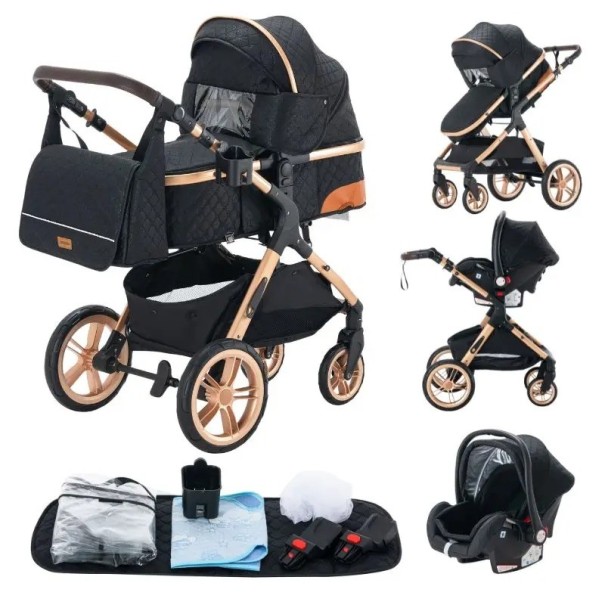 Carrito de bebé 3 en 1 con capazo combinado y silla de auto, estructura plegable, algodón, para recién nacidos y bebés negro