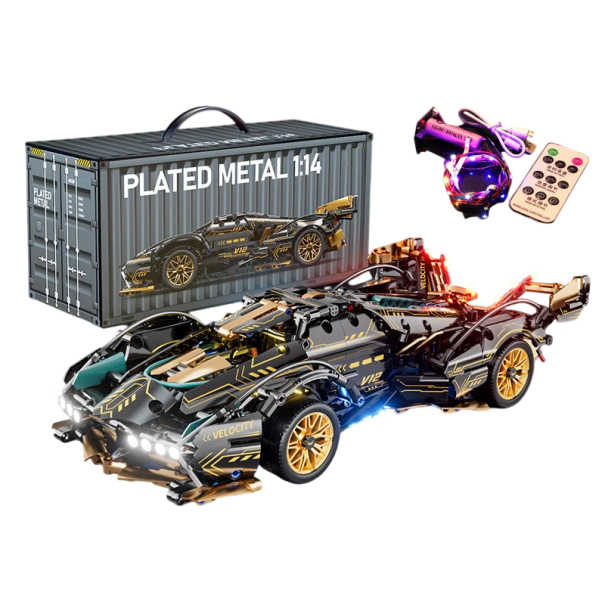 Carro de corrida desportivo dobrável 36 x 16,5 x 8,5 cm 1:14 Kit de construção para rapazes Luzes LED Cabo USB Comando para as luzes Cockpit basculante 1