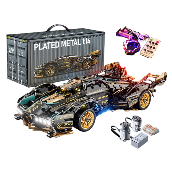 Carro de corrida desportivo dobrável 36 x 16,5 x 8,5 cm 1:14 Kit de construção para rapazes Luzes LED com controlo Componentes do motor Controlo RC Cabo USB 1