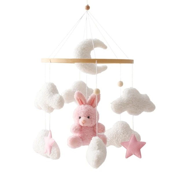 Carrusel colgante sobre la cuna 45 x 25 cm Conejito de peluche marrón o rosa, caléndula, nubes blancas, círculo de madera y cuentas rosa