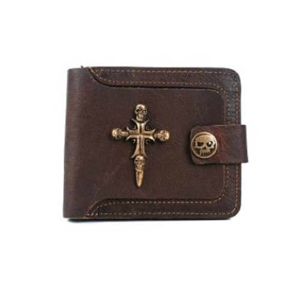 Carteira de couro masculina com caveiras M326 castanho escuro