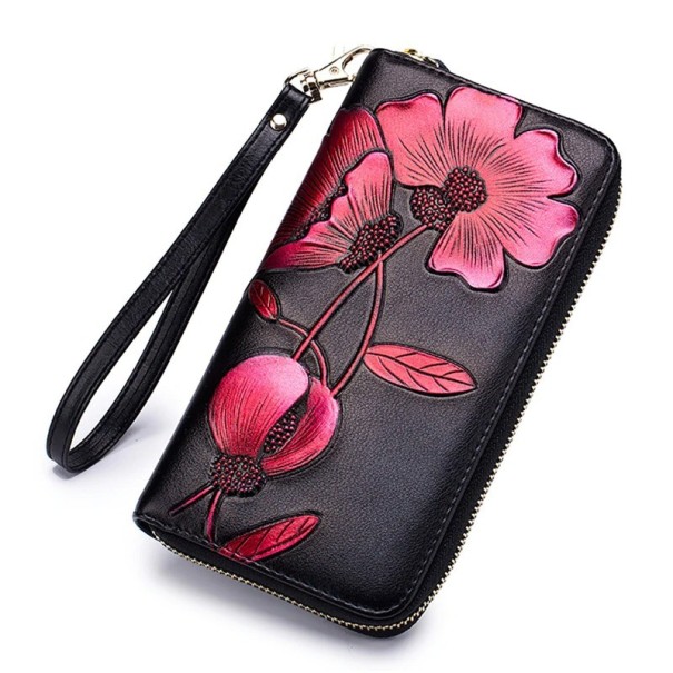 Carteira de pele feminina com flores M311 vermelho