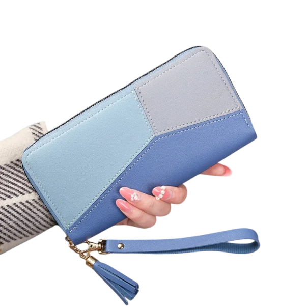 Carteira feminina com fecho longo 10x19x2 cm, mais de 14 compartimentos, bolso para moedas, pompom da sorte, alça removível, mini bolsa azul