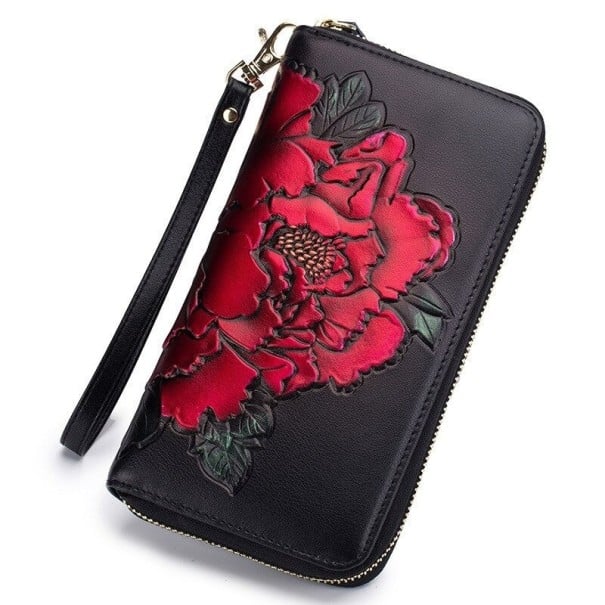 Carteira longa feminina de couro genuíno Grande flor em relevo colorida sobre fundo preto Fecho zip à volta Alça para o pulso 20 x 12 x vermelho