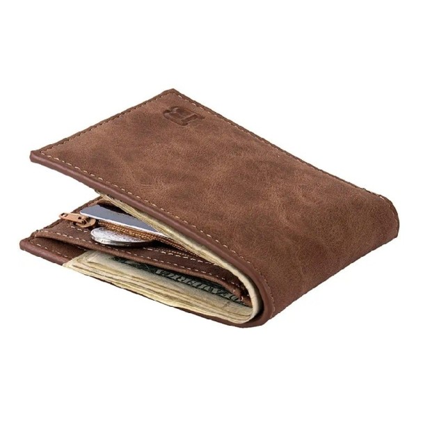 Carteira Masculina 11 x 8,5 cm em Pele PU Cores Neutras Compartimentos para Cartões Bolsa com Fecho Compacta e Estilosa Carteira para Homens Prática castanho