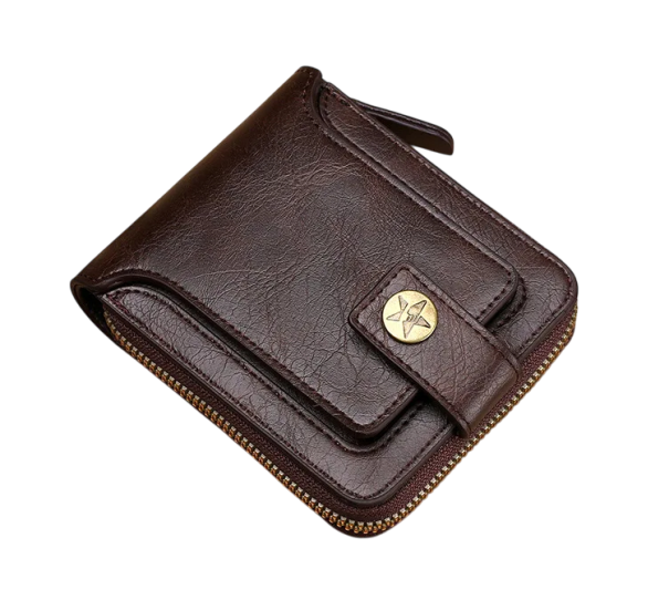 Cartera con cremallera para hombre 12 x 9,5 cm Piel sintética Colores neutros Ranuras para tarjetas con cremallera Bolsillo para monedas Cartera elegante y práctica para hombre marrón oscuro