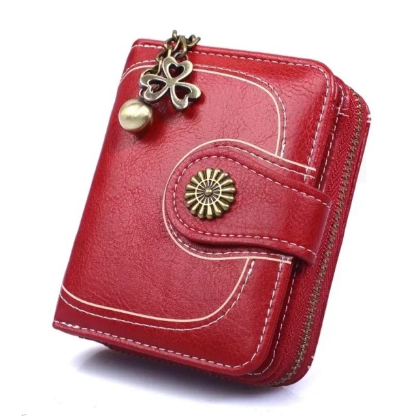 Cartera de mujer en piel encerada con logo de flores, colgante de trébol y bola en la cremallera, ranuras para tarjetas, bolsillo para monedas, diseño elegante rojo