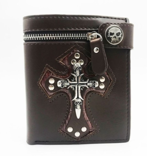 Cartera de piel para hombre con calaveras marrón oscuro 2