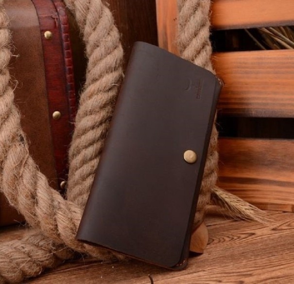 Cartera de piel para hombre grande M667 marrón oscuro