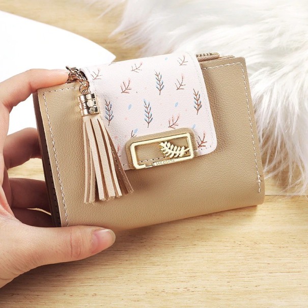 Cartera de piel para mujer con borla M299 caqui