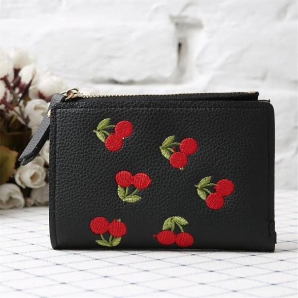 Cartera de piel para mujer con cerezas negro