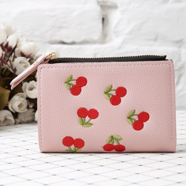 Cartera de piel para mujer con cerezas rosa