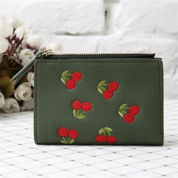 Cartera de piel para mujer con cerezas verde militar