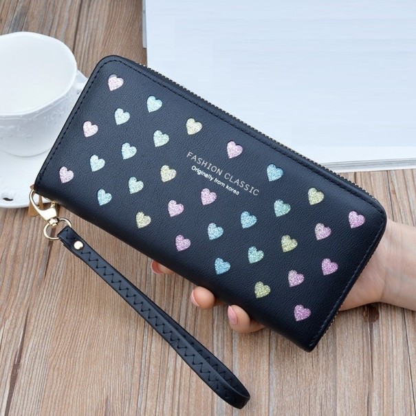 Cartera de piel para mujer con corazones negro
