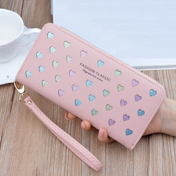 Cartera de piel para mujer con corazones rosa