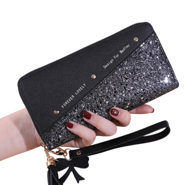 Cartera de piel para mujer con estampado de lentejuelas, borla de la suerte, lazo en la cremallera, 19x9x2,5 cm, ranuras para tarjetas negro