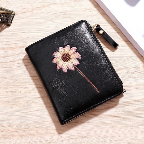Cartera de piel para mujer con flor M262 negro
