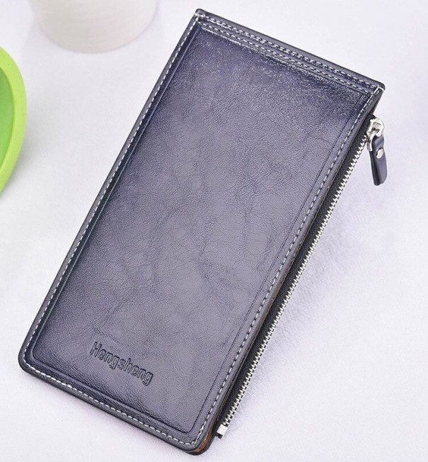 Billetera delgada para mujer de cuero PU Formato largo Bolsillo con cremallera Compartimentos para tarjetas Cierre a presión Dimensiones azul oscuro