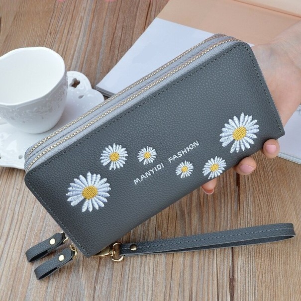 Cartera doble de mujer con flores gris