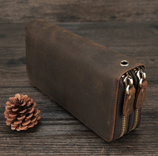 Cartera doble de piel para hombre marrón oscuro