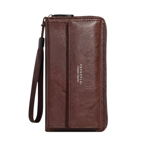 Cartera larga con cremallera 19 x 10,5 x 4 cm Gran capacidad Asa de mano Cuero sintético Con broche para uso diario marrón oscuro