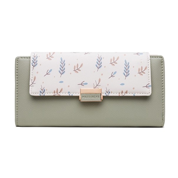 Cartera larga de mujer de cuero PU Solapa con estampado de ramitas y hojas Broche metálico dorado Dimensiones 18,5 x 9,5 x 3,5 cm Diseño verde claro