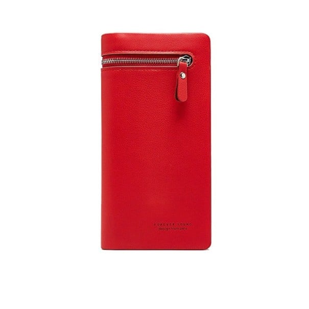 Cartera larga para mujer con cremallera de cuero sintético PU. Bolsillo frontal con cremallera. Compartimento interno con cremallera rojo