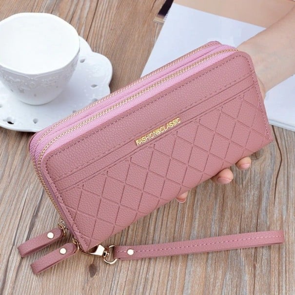 Cartera larga para mujer con dos cremalleras y patrón de rombos en relieve Etiqueta dorada y correa para la muñeca de PU cuero 19,5 x 9,5 rosa viejo