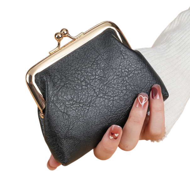 Cartera retro para mujer 10 x 12 x 2,5 cm con hebilla Para monedas, llaves, tarjetas de débito y de fidelidad Estuche compacto para objetos negro