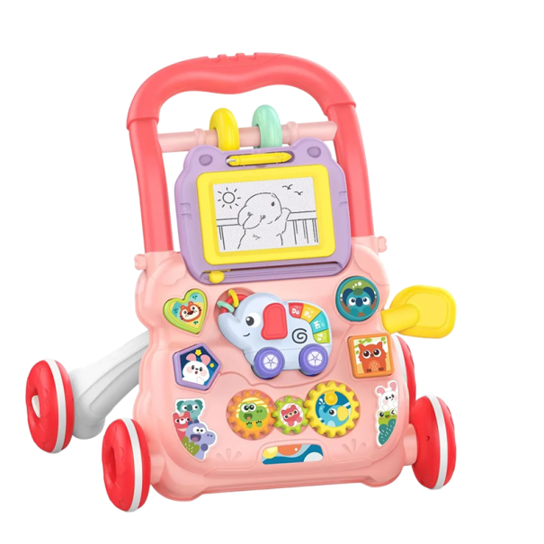 Cărucior educativ pentru copii cu tablă de desen și muzică 40x32x40,5 cm Instrument pentru învățarea formelor și dezvoltarea abilităților motorii fine la bebeluși roz