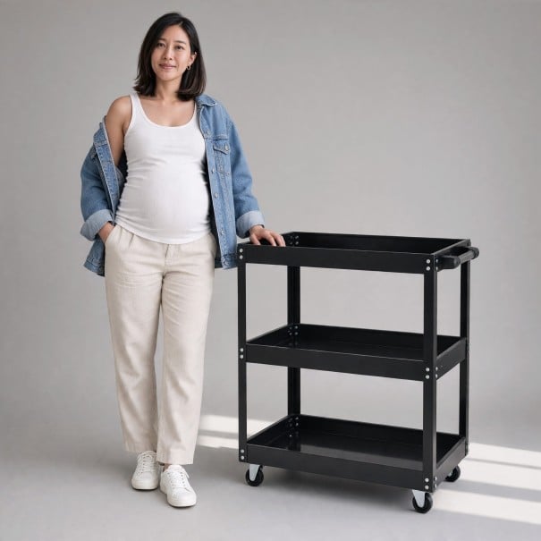 Cărucior mobil pentru unelte cu 3 etaje Capacitate 100 kg Dimensiuni 74 x 66 x 35,5 cm Structură metalică cu roți și mânere Pentru atelier negru