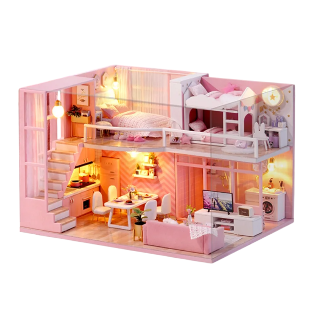 Casa de bonecas em madeira mini 24,5 x 20,5 x 15,6 cm modelo DIY com móveis tampa contra pó montável à mão miniatura 3D 1