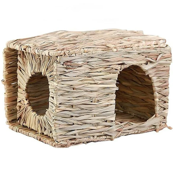 Casa de junco para roedores 37 x 29 x 26 cm Refúgio natural para coelhos e porquinhos-da-índia Cama de madeira e esconderijo para gaiola ou espaço 1